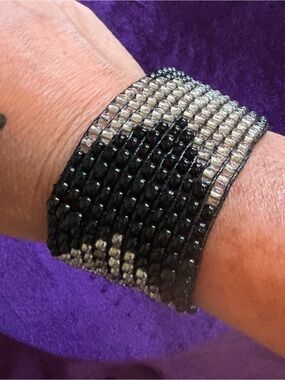 Handcrafted Seed Bead Loom Bracelet Cuff - Black & Silver Geometric Ombre